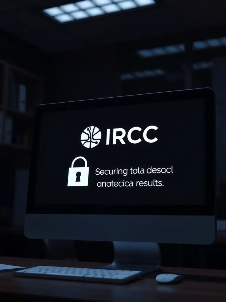 A secure computer screen displaying data transfer to IRCC, emphasizing the clinic's secure and direct submission of medical results.