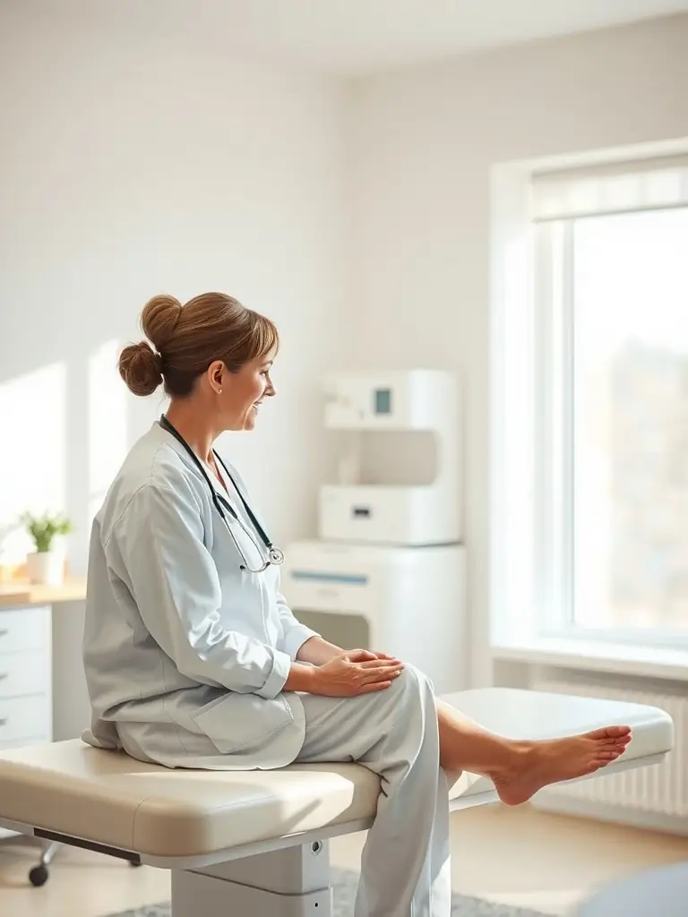 A friendly doctor reviewing a patient's medical history form in a brightly lit examination room at Clinique Immigration Luso, emphasizing the initial consultation stage.