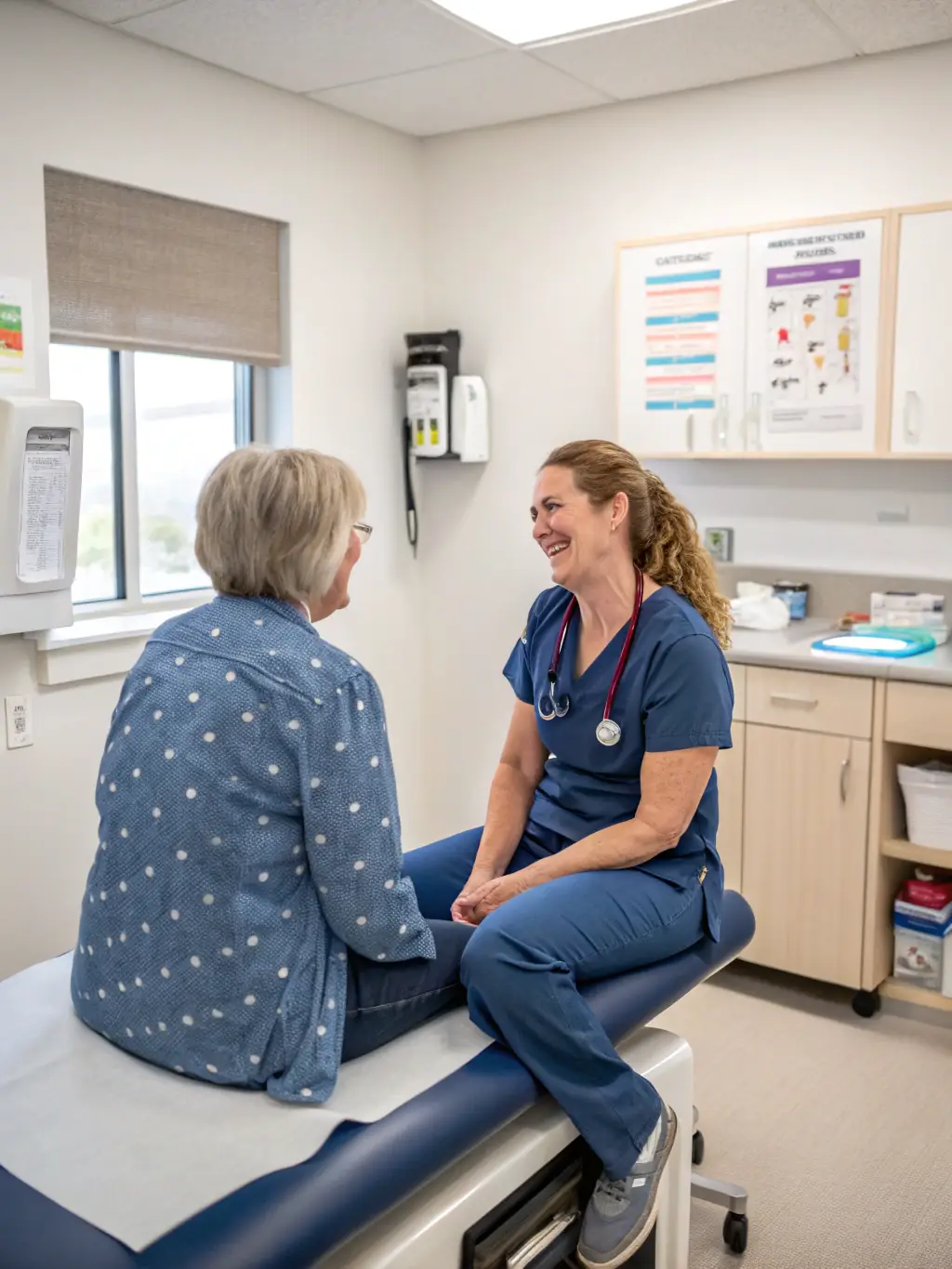 A friendly nurse assisting a patient with required documentation for their immigration medical exam at Clinique Immigration Luso, emphasizing the clinic's supportive environment.