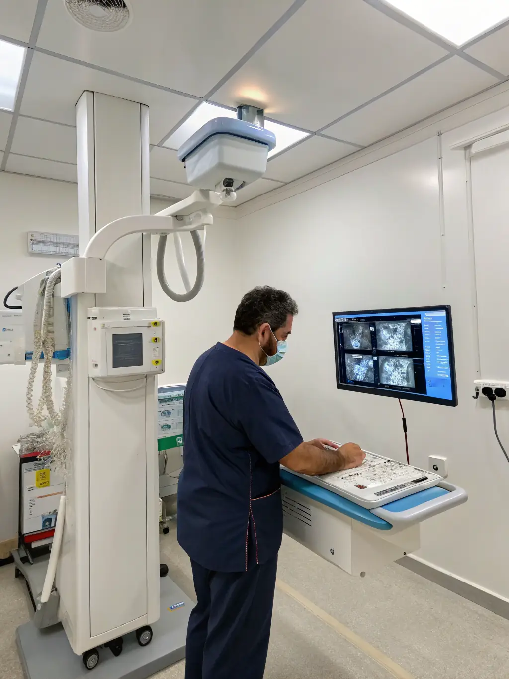 A technician operating X-ray equipment in a clean, professional environment, representing the chest X-ray procedure at Clinique Immigration Luso.