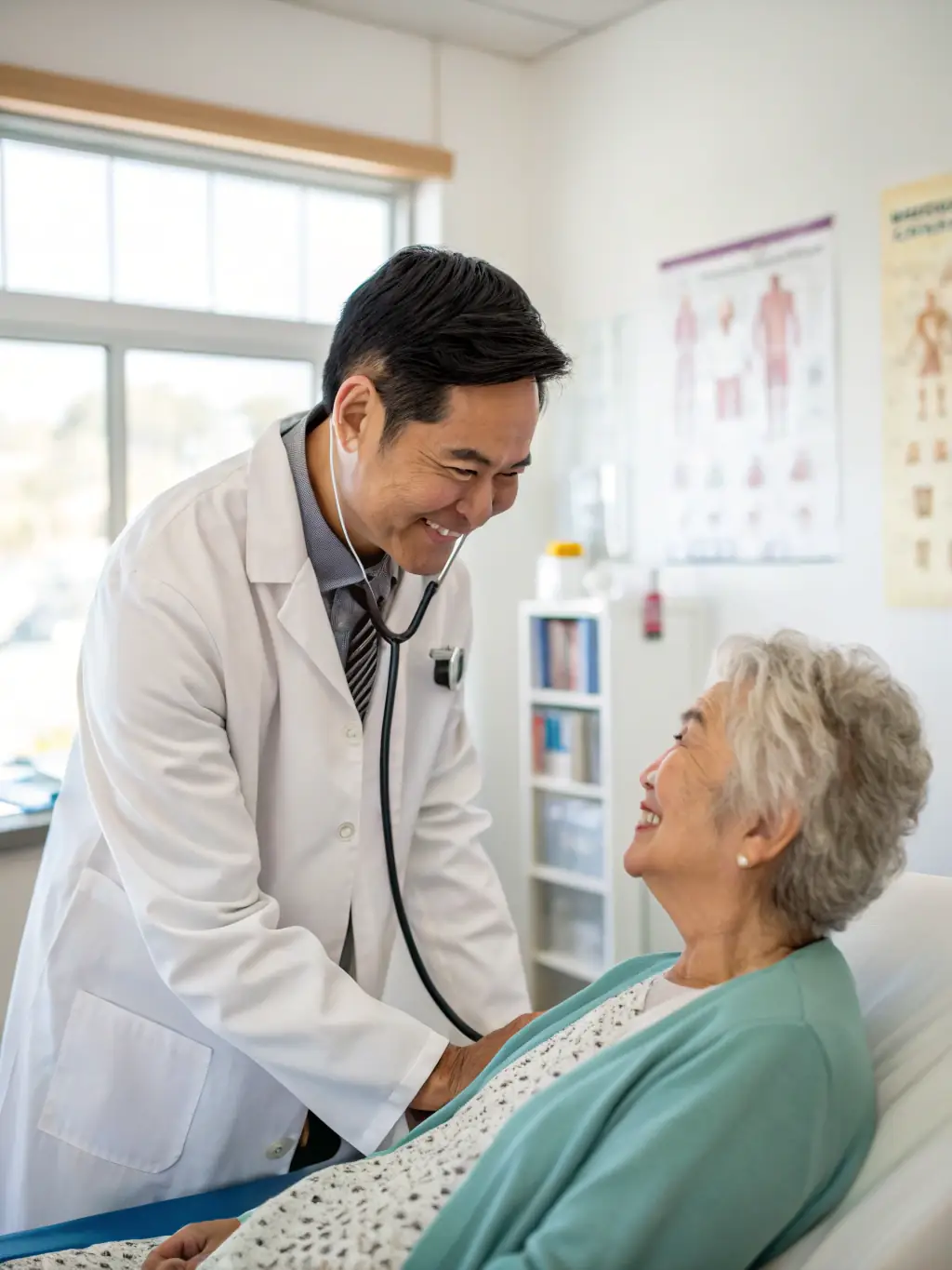 A friendly doctor reviewing medical documents with a patient, emphasizing the clinic's professional and supportive environment for immigration medical exams.