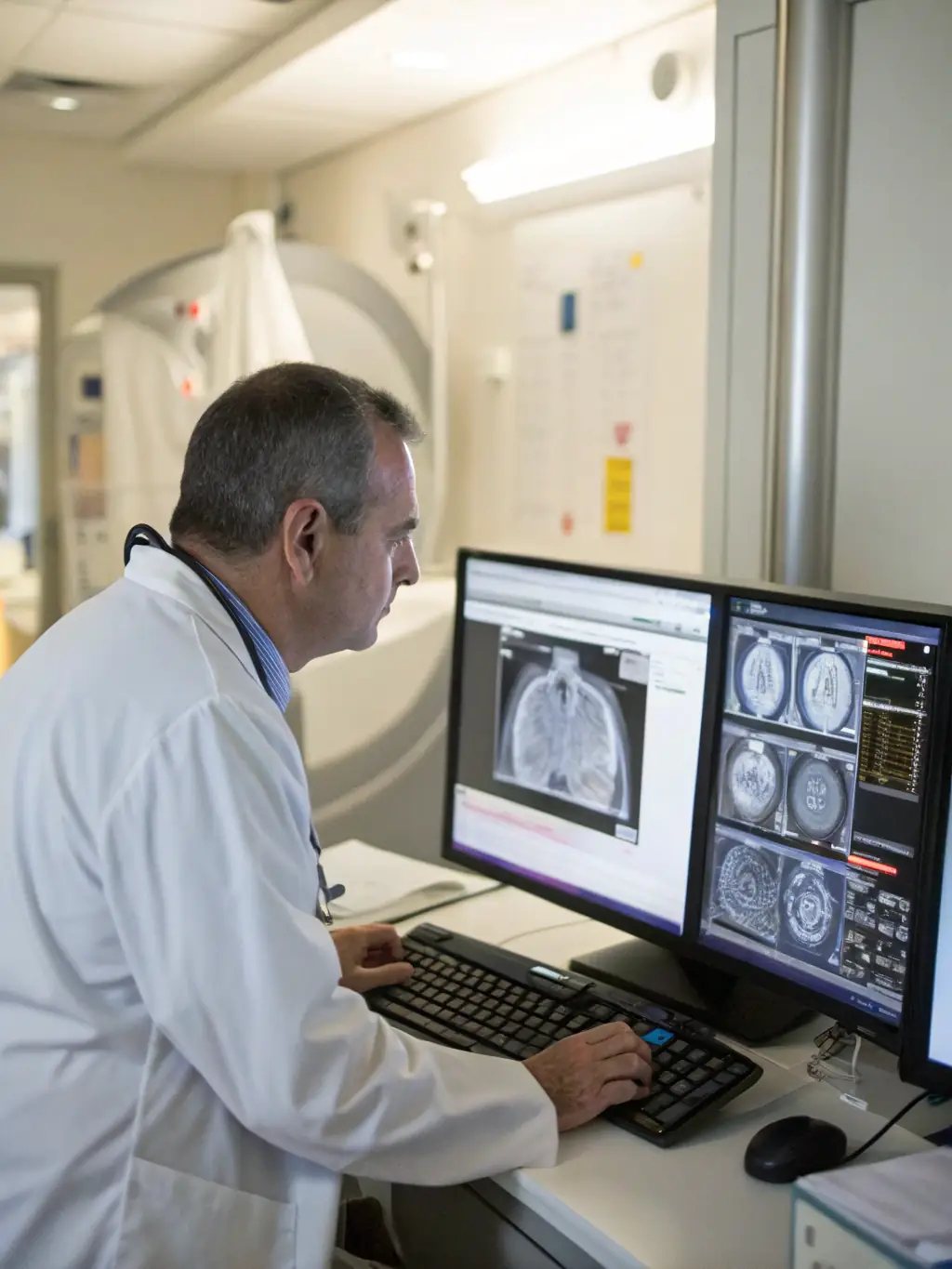 A close-up shot of a doctor reviewing an x-ray during an immigration medical exam at Clinique Immigration Luso, showcasing the thoroughness of the examination process.
