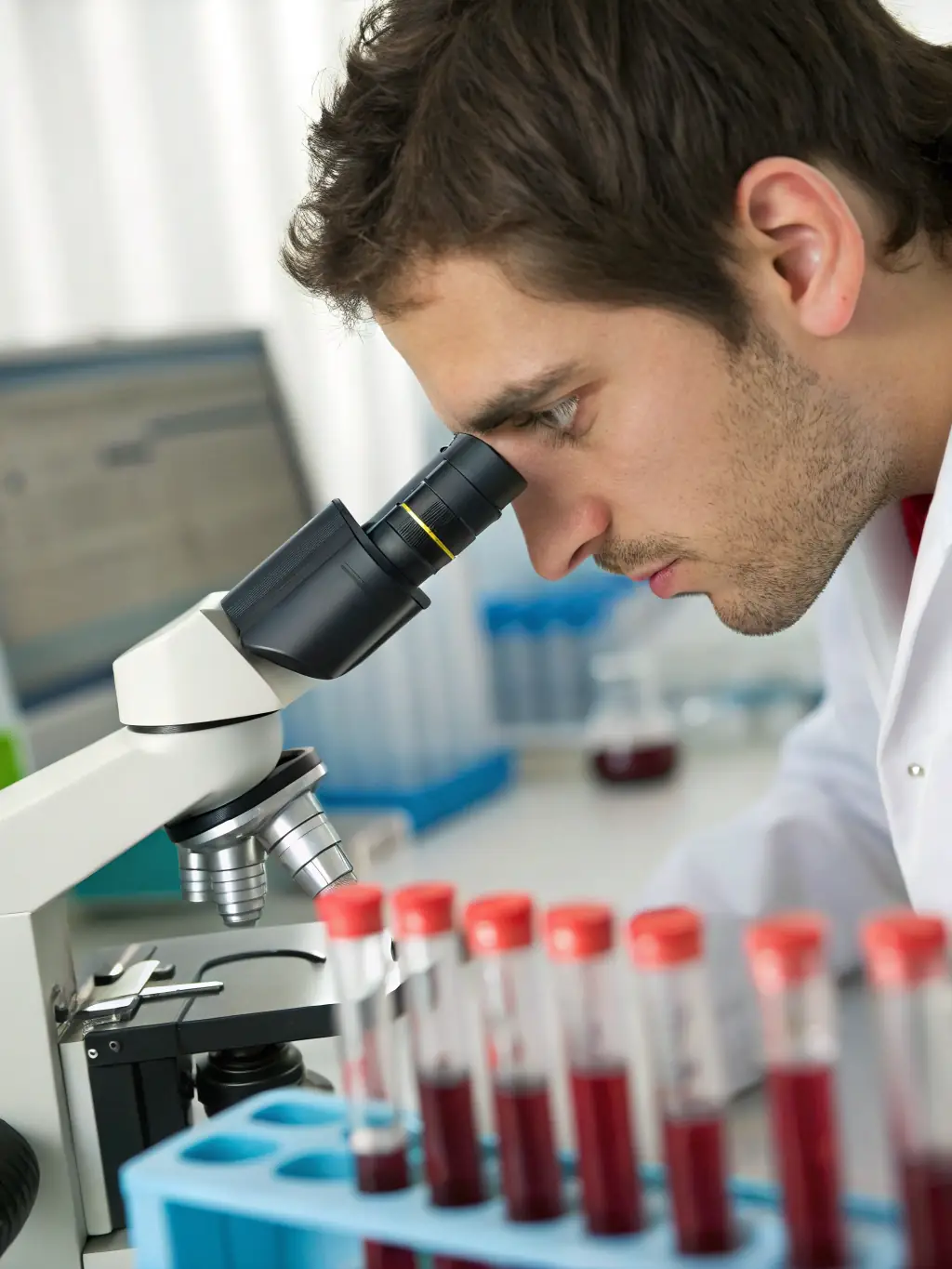 A lab technician analyzing a blood sample in a state-of-the-art laboratory, illustrating the blood and urine tests conducted at Clinique Immigration Luso.